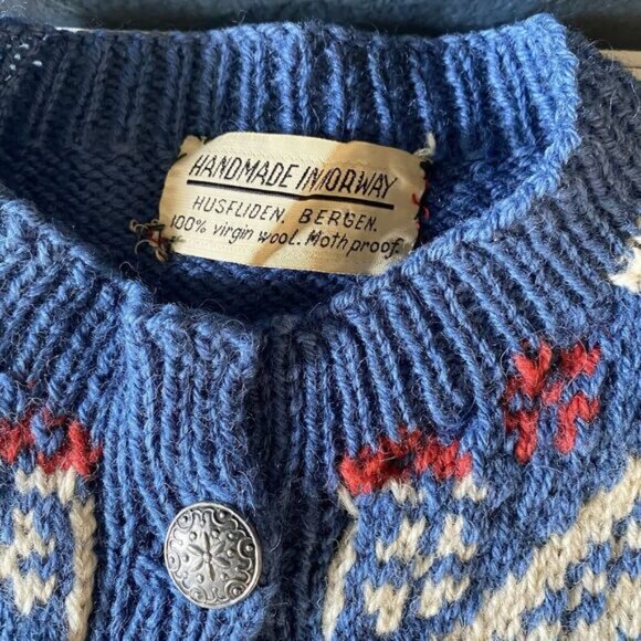 Handmade in Norway vintage Fair Isle 100% virgin Wool cardigan - Picture 3 of 9